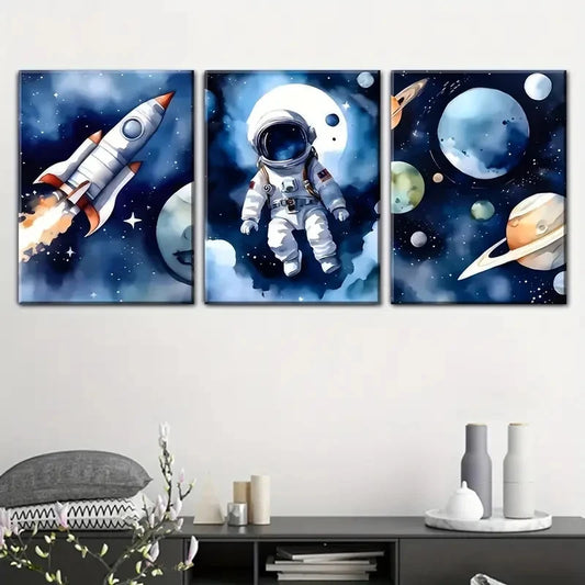 3pcs Cartoon Astronauts and Outer Space Painting Metal Print Ready to Hang Art