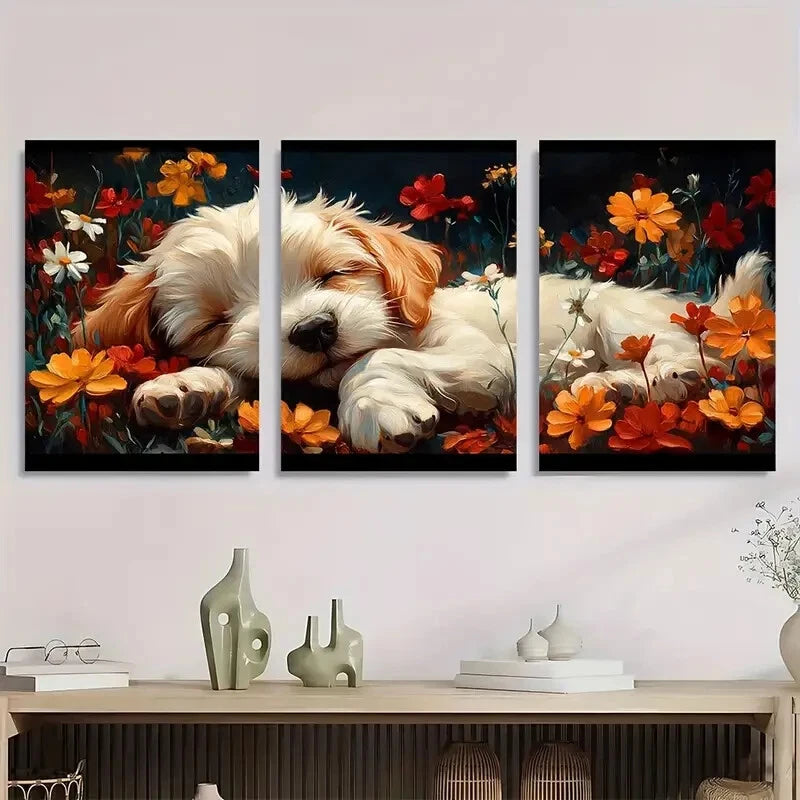 3pcs Painting Drifting Puppy and Floral Metal Print Ready to Hang Art