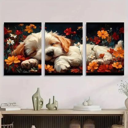 3pcs Painting Drifting Puppy and Floral Metal Print Ready to Hang Art