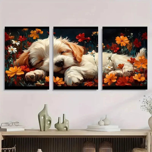 3pcs Painting Drifting Puppy and Floral Metal Print Ready to Hang Art