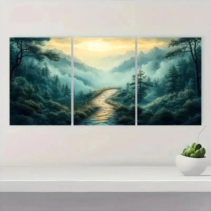 3pcs Serene Green Wilderness & Misty Mountains Metal Print Ready to Hang Art