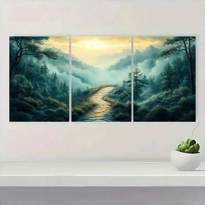 3pcs Serene Green Wilderness & Misty Mountains Metal Print Ready to Hang Art