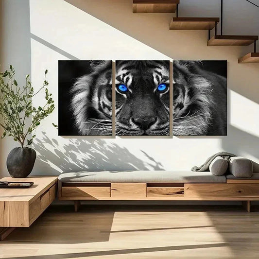 3pcs Gray Tiger Portrait with Blue Eyes Wall Art Set Canvas Framed 40x60cm - High Quality Print 100% Australian Made Wall Canvas Ready to Hang