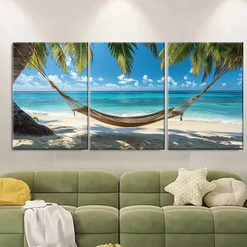 3pcs Featuring a Tropical Beach Hammock Metal Print Ready to Hang Art