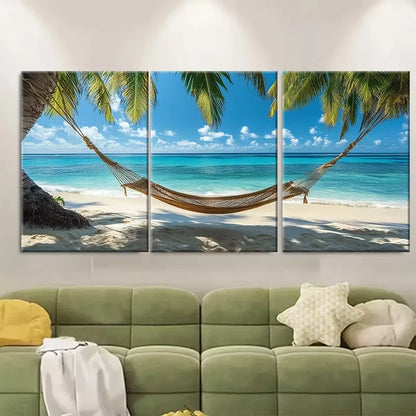 3pcs Featuring a Tropical Beach Hammock Metal Print Ready to Hang Art