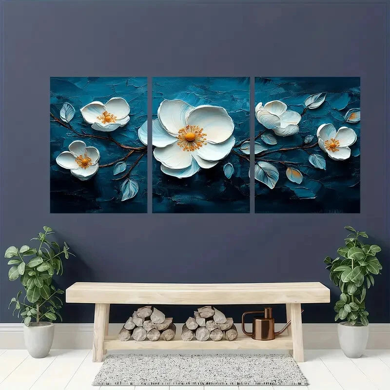 3pcs Floral Abstract Oil Paintings White Flowers Metal Print Ready to Hang Art