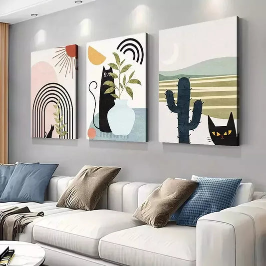 3pcs Minimalist Cats, Geometric Lines & Celestial  Wall Art Set Canvas Framed 50x70cm - High Quality Print 100% Australian Made Wall Canvas Ready to Hang