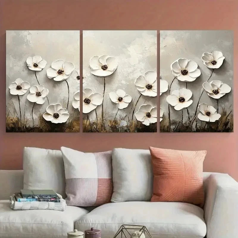 3pcs Floral Meadow White flowers Textured Design Metal Print Ready to Hang Art