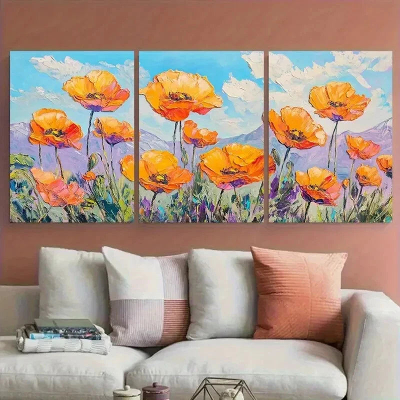 3pcs Vibrant California Poppies Fields Landscape Metal Print Ready to Hang Art