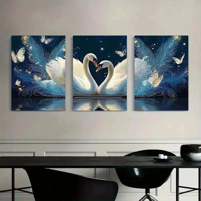 3pcs Romantic Swan Love Painting with Heart-Shape Metal Print Ready to Hang Art