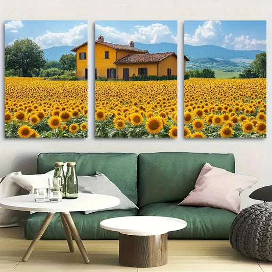 3pcs Sunflower Fields Painting Italian Countryside Metal Print Ready to Hang Art