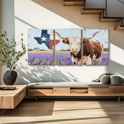 3pcs Texas Flag Longhorn Cow Lavender Field Metal Print Ready to Hang Art