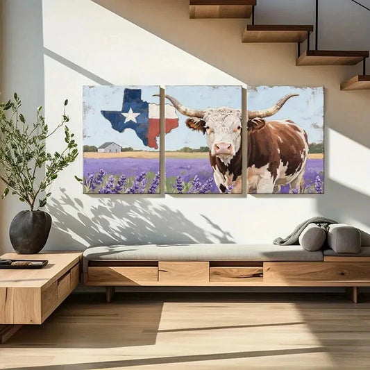 3pcs Texas Flag Longhorn Cow Lavender Field Metal Print Ready to Hang Art