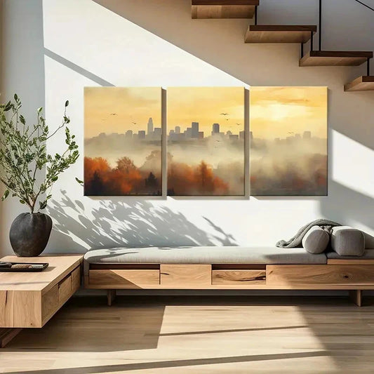 3pcs Cityscape Autumn Trees Warm Sunset Urban Metal Print Ready to Hang Art