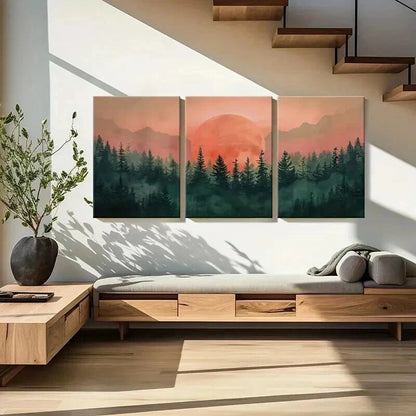 3pcs Sunset Forest Mountains Vintage Wall Art Set Canvas Framed 40x60cm - High Quality Print 100% Australian Made Wall Canvas Ready to Hang