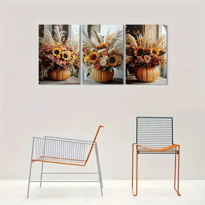 3pcs Autumn Harvest Pumpkin Vase with Sunflowers Metal Print Ready to Hang Art