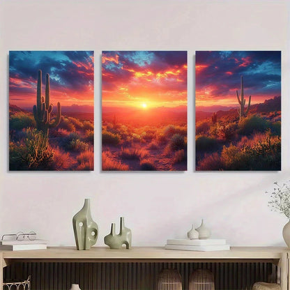 3pcs Desert Cactus Vibrant Sunset Scene Metal Print Ready to Hang Art
