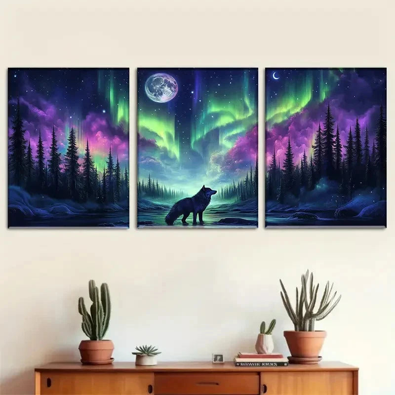 3pcs Artistic Charming Arctic Aurora and Wolf Metal Print Ready to Hang Art