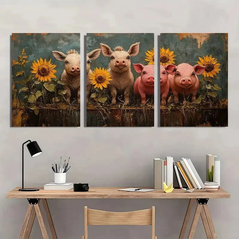 3pcs Sunflower Donkey Cow Pig Metal Print Ready to Hang Art