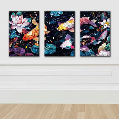 3pcs Colorful koi in the Water Illustration Wall Art Set Canvas Framed 60x90cm - High Quality Print 100% Australian Made Wall Canvas Ready to Hang