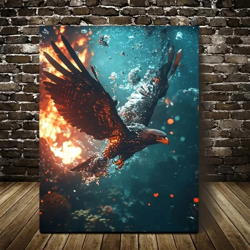Majestic Hawk Emerging from Water Painting 40x60cm Metal Print Ready to Hang