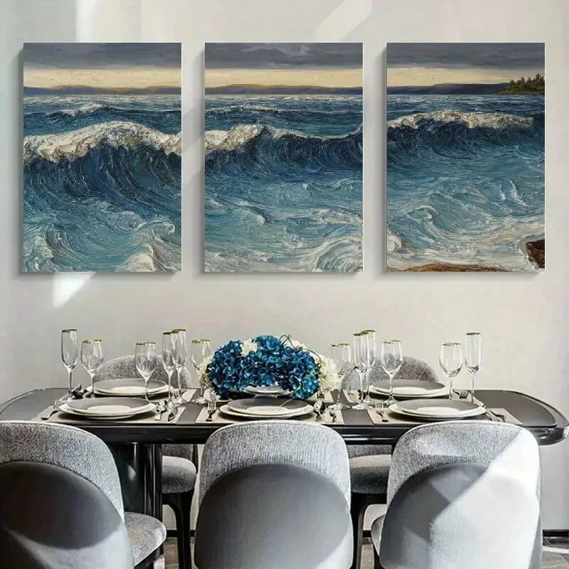 3pcs Textured Seascape Contemporary Coastal Metal Print Ready to Hang Art