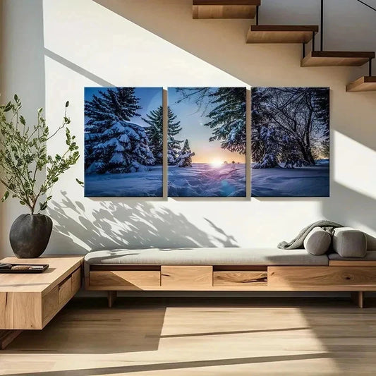 3pcs Winter Snow Scene Woods Sunrise Wall Art Set Canvas Framed 40x60cm - High Quality Print 100% Australian Made Wall Canvas Ready to Hang