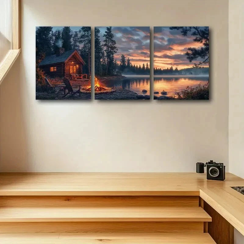 3pcs Cabin Sunset Tranquil Lake & Log Cabin Scene Metal Print Ready to Hang Art