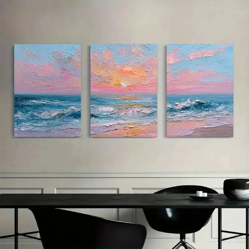 3pcs Pink And Blue Beach Sunset in Oil Painting Metal Print Ready to Hang Art