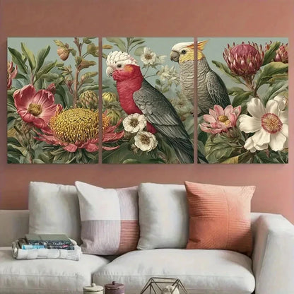 3pcs Melbourne Travel Botanical and Bird Design Wall Art Set Canvas Framed 50x70cm - High Quality Print 100% Australian Made Wall Canvas Ready to Hang