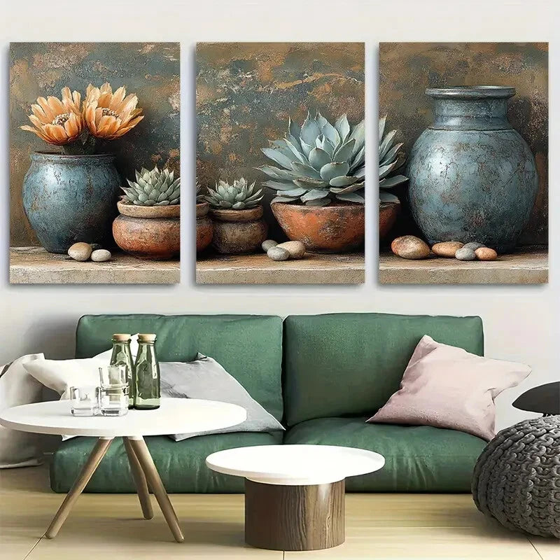 3pcs Southwest Cactus and Pottery Design Metal Print Ready to Hang Art