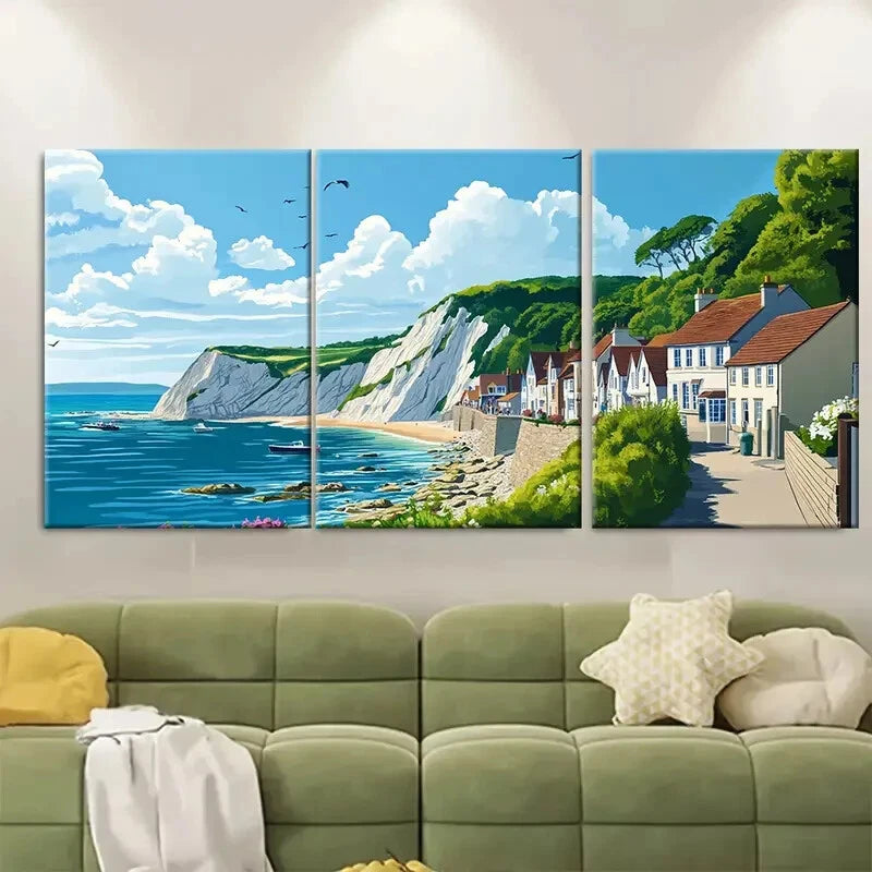 3pcs Dorset Coast Scene with White Cliffs Metal Print Ready to Hang Art