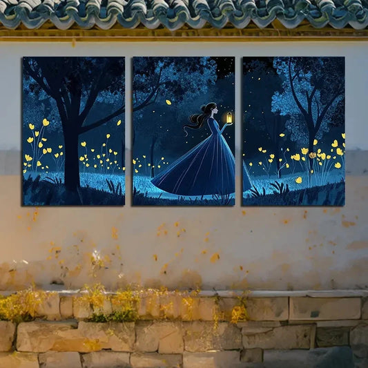 3pcs Enchanting Forest Girl with Lantern Design Metal Print Ready to Hang Art