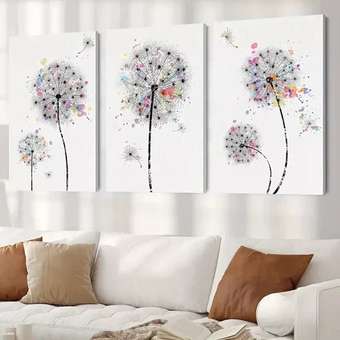 3pcs Dandelions & Watercolor Dots Floral Wilderness Drawings Canvas Framed 60X90cm - High Quality Print 100% Australian Made Wall Canvas Ready to Hang