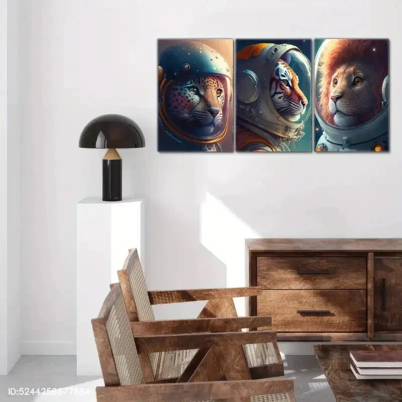 3pcs Astronaut Portrait Cheetah Tiger Lion Metal Print Ready to Hang Art