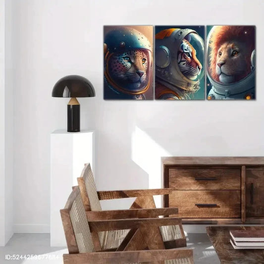 3pcs Astronaut Portrait Cheetah Tiger Lion Metal Print Ready to Hang Art