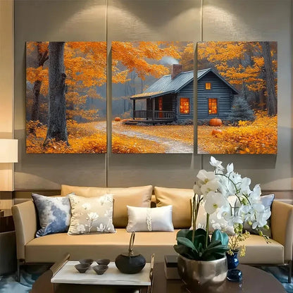3pcs Autumn Cabin with Countryside Scene Metal Print Ready to Hang Art
