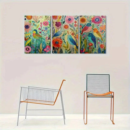 3pcs Colorful Bird and Flower Metal Print Ready to Hang Art