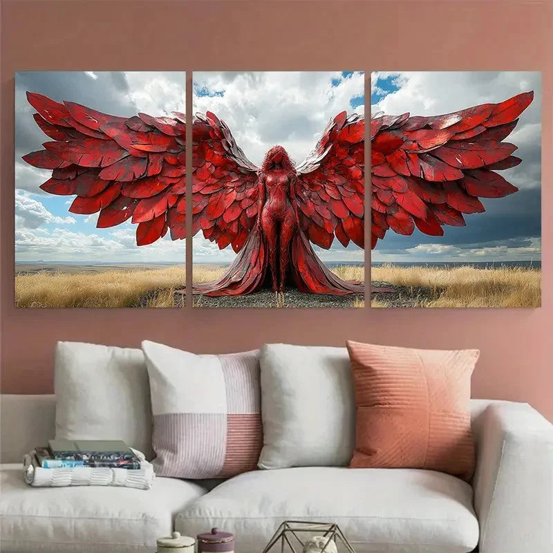 3pcs Sun Kissed Red Iron Angel of the North Wall Art Set Canvas Framed 50x70cm - High Quality Print 100% Australian Made Wall Canvas Ready to Hang