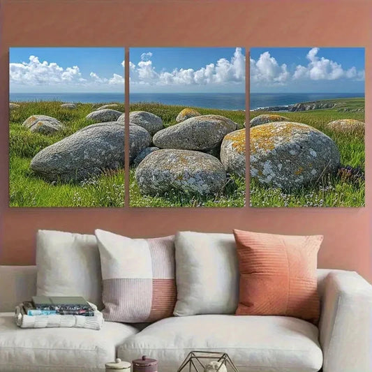 3pcs Sea Worn Boulders near Lands End Cornwall Metal Print Ready to Hang Art