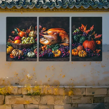 3pcs Vibrant Table Full of Food Illustration Metal Print Ready to Hang Art