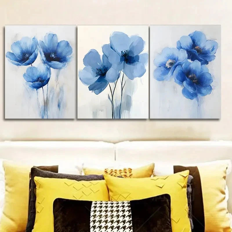 3pcs Blue Floral Teak Wood Printings Metal Print Ready to Hang Art