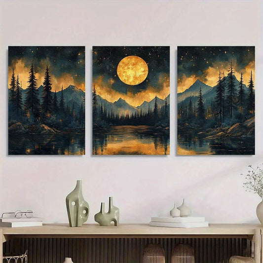 3pcs Abstract Starry Black and Golden Night Sky Metal Print Ready to Hang Art