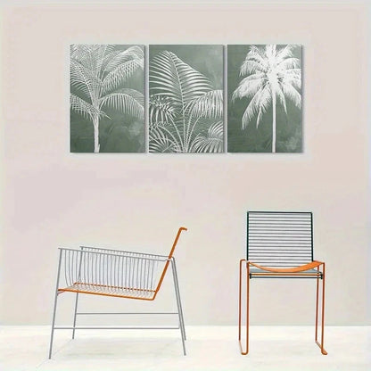 3pcs Abstract Palm Tree Green and White Metal Print Ready to Hang Art