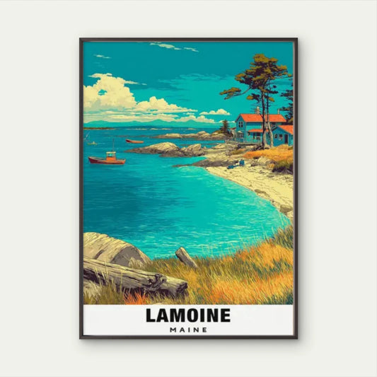 Lamoine Maine Coastal Red Roof House Maine Travel Poster Print Wall Art