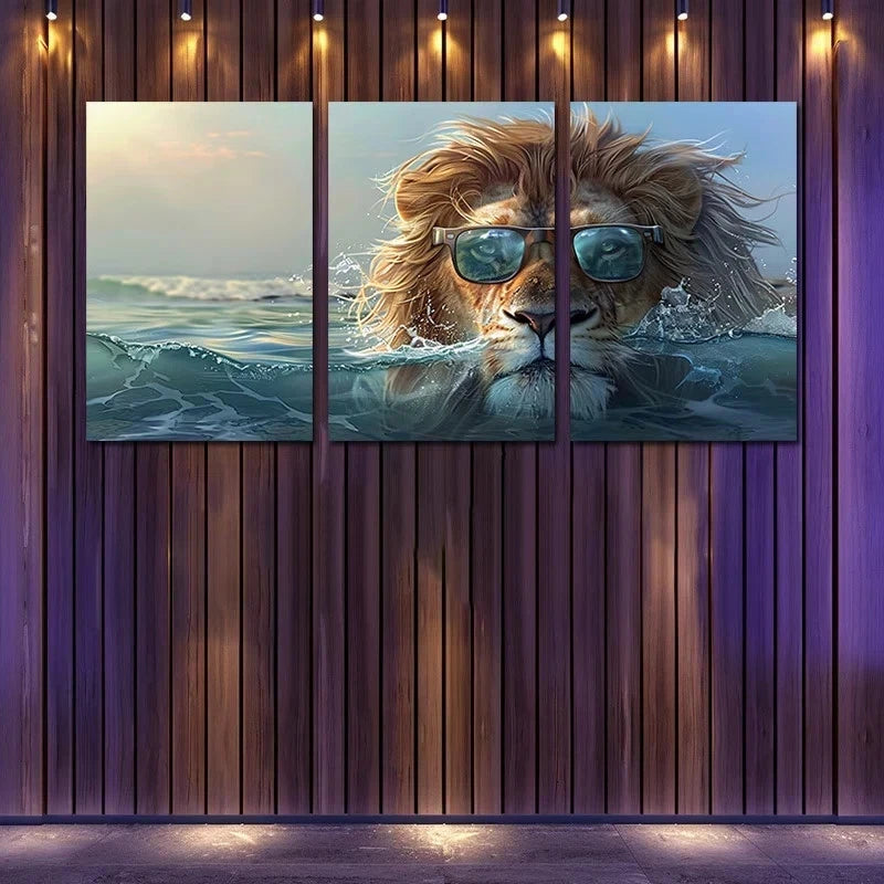 3pcs Lion with Glasses Ocean Metal Print Ready to Hang Art
