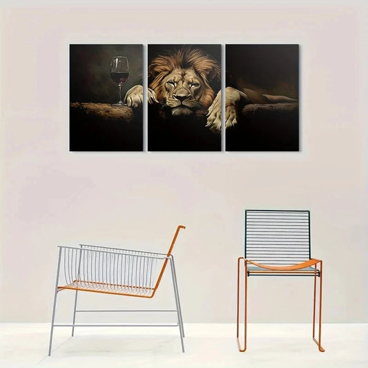 3pcs Modern Wildlife Lion Wine Glass Metal Print Ready to Hang Art