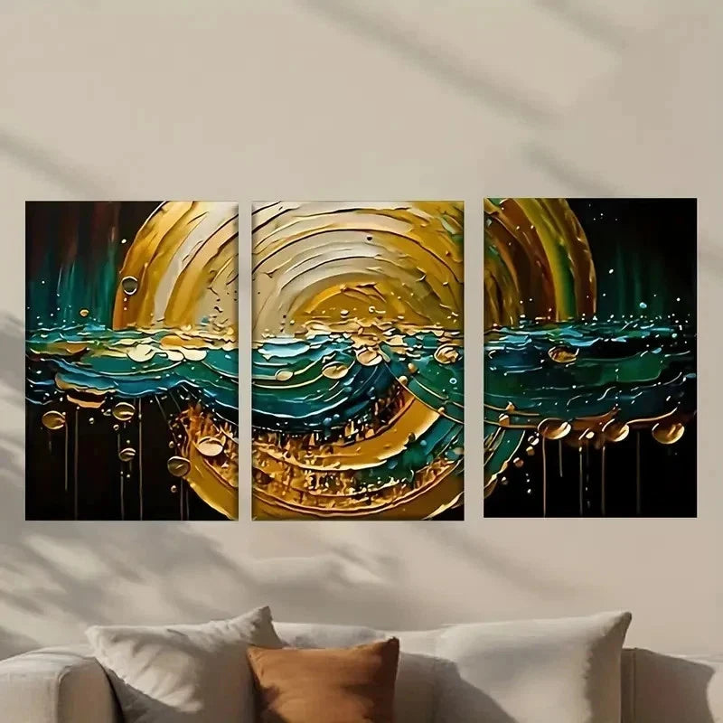 3pcs Painting of a Golden And Blue Wave Wall Art Set Canvas Framed 40x60cm - High Quality Print 100% Australian Made Wall Canvas Ready to Hang