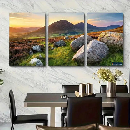3pcs Mourne Mountains Vibrant Sunset & Green Hills Metal Print Ready to Hang Art