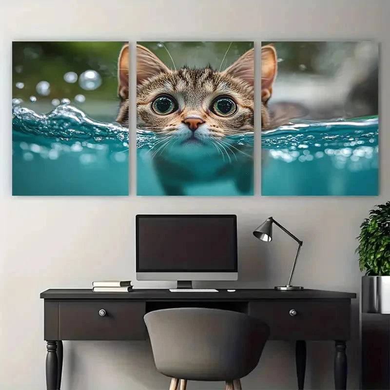 3pcs Funny Cat Swimming in Pool Illustration Metal Print Ready to Hang Art